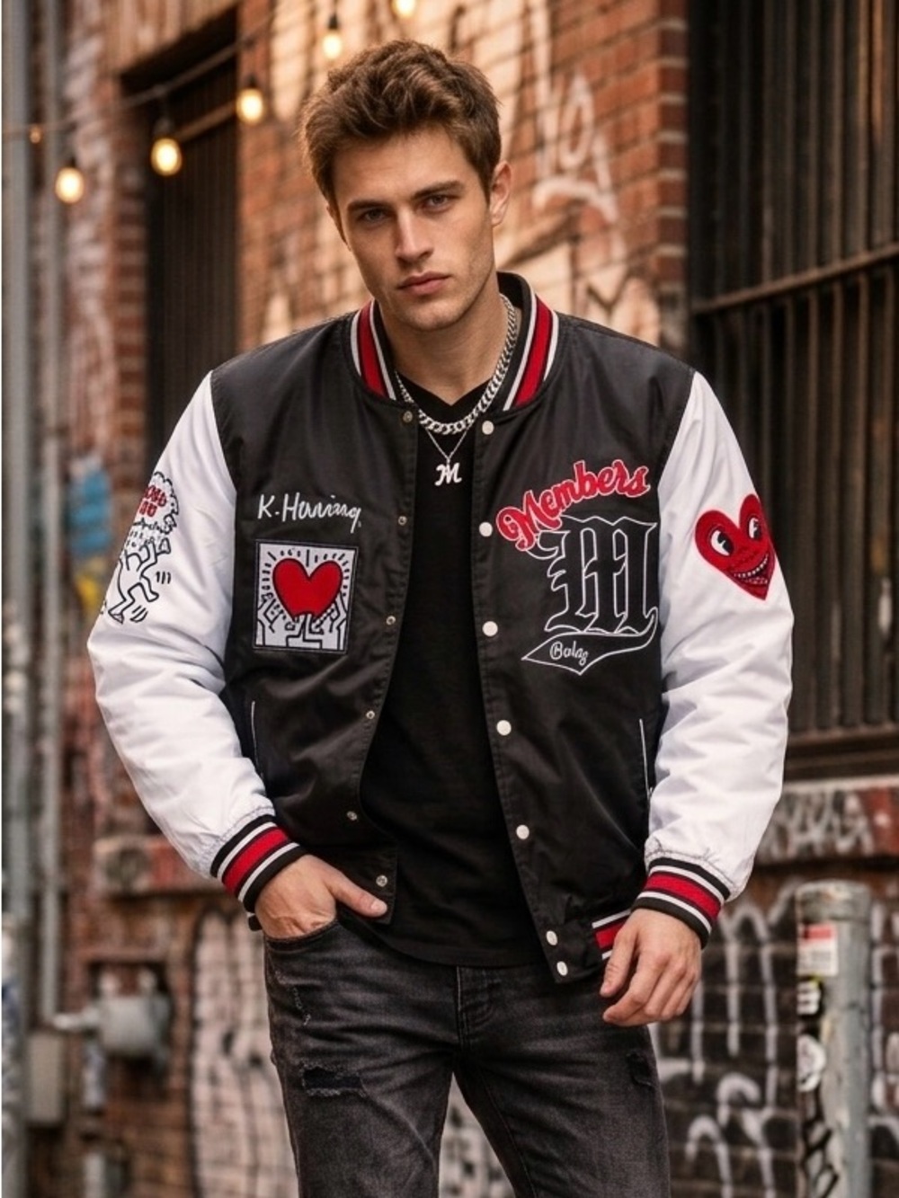 K. HARING x MEMBERS ONLY Keith Haring Varsity Bomber Jacket Black White M